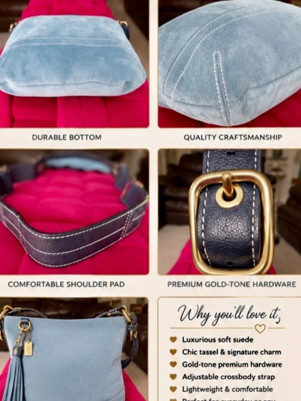 Coach Suede Leather Hobo Shoulder Crossbody Bag Blue